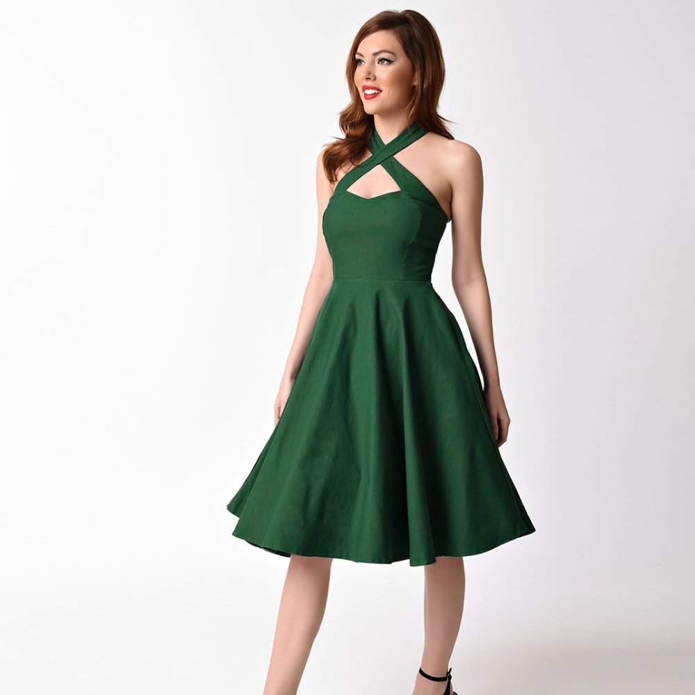 Unique Vintage Rita Halter Swing Dress in Emerald